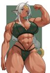  1girl abs ahoge aisha_clanclan animal_ears arm_up ass_visible_through_thighs bare_shoulders blue_eyes bra breasts cameltoe closed_mouth collarbone commentary cowboy_shot cromwellb dark-skinned_female dark_skin fang fang_out flexing green_background green_bra green_panties grey_hair highres large_breasts long_hair looking_at_viewer muscular muscular_female o-ring outlaw_star panties parted_bangs simple_background smirk solo thick_thighs thighs toned underwear underwear_only very_long_hair wide_hips 