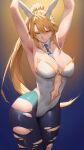  1girl absurdres animal_ears armpits arms_up artoria_pendragon_(fate) artoria_pendragon_(swimsuit_ruler)_(fate) blonde_hair blue_necktie blue_pantyhose blush breasts cleavage detached_collar fake_animal_ears fate/grand_order fate_(series) gradient_background green_eyes groin highres large_breasts leotard looking_at_viewer navel necktie pantyhose playboy_bunny plunging_neckline ponytail rabbit_ears rororo sidelocks simple_background smile solo torn_clothes torn_pantyhose white_leotard 