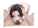 1boy 1girl ass black_hair crow_(nikke) deepthroat fellatio goddess_of_victory:_nikke green_eyes head_grab highres looking_at_viewer male_pubic_hair multicolored_hair nude ohisashiburi oral penis pov pubic_hair short_hair simple_background solo_focus streaked_hair white_background 