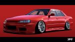  artist_name car glint highres letterboxed motor_vehicle nissan nissan_skyline nissan_skyline_r34 no_humans original red_background solo vehicle_focus yuh_7929 