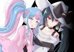  2girls :o absurdres bare_shoulders black_choker blue_hair blue_skirt choker collarbone collared_shirt commentary dark_miku_(project_voltage) earrings fairy_miku_(project_voltage) green_hair hair_between_eyes hat hatsune_miku highres jewelry long_hair multicolored_eyes multicolored_hair multiple_girls off-shoulder_shirt off_shoulder open_mouth pink_hair pink_sweater pokemon project_voltage red_eyes shirt shoulder_tattoo sidelocks skirt ssaaggwwaa sweater tattoo tongue two-tone_hair vocaloid white_shirt 