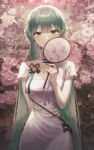  1girl absurdres arm_behind_back bagya china_dress chinese_clothes dress floral_background flower green_eyes green_hair green_ribbon hand_fan hatsune_miku highres holding holding_fan long_hair non-web_source pink_flower ribbon shaohua_hatsune_miku smile vocaloid 