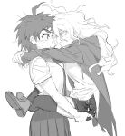  2girls absurdres ahoge breasts carrying carrying_person closed_mouth danganronpa_(series) danganronpa_2:_goodbye_despair eye_contact from_side frown genderswap genderswap_(mtf) hands_on_ass highres hinata_hajime jacket komaeda_nagito large_breasts lazlo_(lazswoo) leg_lock long_hair looking_at_another messy_hair multiple_girls necktie open_clothes open_jacket pleated_skirt profile shirt shoes short_hair short_sleeves skirt smile spiked_hair standing_leg_lock thighhighs torn_clothes torn_jacket yuri 