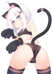  1girl ahoge anal anal_object_insertion anal_tail animal_ears animal_hands ass black_bra black_panties black_thighhighs blue_eyes blush bra breasts cat_ears cat_tail fake_animal_ears fake_tail from_behind gloves hair_between_eyes hair_ornament hairclip highres looking_at_viewer object_insertion original otokuyou panties paw_gloves ringo-chan_(otokuyou) small_breasts solo tail thighhighs training_bra underwear white_background white_hair 