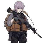  1girl ar-18 black_gloves camouflage camouflage_pants chest_rig epakim gloves green_pants grey_jacket jacket looking_at_viewer optical_sight original pants purple_eyes purple_hair sketch smile solo trigger_discipline white_background woodland_camouflage 