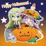  2girls :d alina_gray alina_gray_(halloween_ver.) bandaged_arm bandaged_head bandages black_bow blonde_hair blue_eyes blush bow candle candy chibi closed_eyes closed_mouth cross food frilled_hat frills green_hair hair_bow halloween halloween_costume happy_halloween hat highres jack-o&#039;-lantern long_hair looking_at_another magia_record:_mahou_shoujo_madoka_magica_gaiden magical_girl mahou_shoujo_madoka_magica mamekokko mask_over_one_eye misono_karin misono_karin_(halloween_ver.) multiple_girls official_alternate_costume open_mouth parted_bangs print_headwear pumpkin pumpkin_hat purple_hair sarashi sidelocks single_hair_ring smile star_(symbol) star_print tombstone two_side_up 