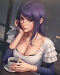  1girl bra bra_peek breasts cleavage closed_mouth coffee coffee_cup cup disposable_cup elbow_rest frilled_shirt frills glasses highres kamishiro_rize looking_at_viewer medium_breasts miura-n315 plate purple_hair red_eyes shirt sitting solo spoon steam table tokyo_ghoul underwear 