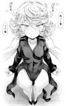  1girl absurdres arms_at_sides black_dress black_footwear blush breasts closed_mouth curly_hair dress full_body greyscale hair_between_eyes hands_on_another&#039;s_shoulders heart highres looking_at_viewer mogudan monochrome one-punch_man pov pov_hands short_hair small_breasts smile solo_focus standing tatsumaki thick_thighs thighs wide_hips 