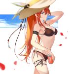  1girl arknights armlet bikini black_bikini can dated hand_up hat highres holding holding_can long_hair looking_at_viewer official_alternate_costume okarun purple_eyes red_hair signature sun_hat surtr_(arknights) surtr_(colorful_wonderland)_(arknights) swimsuit thigh_strap 