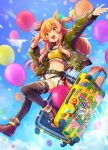  1girl animal_ears balloon belt black_thighhighs bomber_jacket boots breasts brown_footwear cloud crop_top crop_top_overhang dog_tags full_body green_jacket highres horse_ears horse_girl horse_tail jacket long_hair looking_at_viewer mayano_top_gun_(umamusume) midair midriff navel open_clothes open_jacket open_mouth orange_hair outstretched_arm paper_airplane rolling_suitcase shirt short_shorts shorts signature sky small_breasts smile solo suitcase tail thighhighs two_side_up umamusume unajiru white_shorts yellow_eyes yellow_shirt 