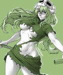  1girl absurdres arrancar artist_name bleach breasts closed_mouth dress english_commentary facial_mark green_background green_dress green_eyes green_hair hair_between_eyes highres holding holding_sheath holding_sword holding_weapon katana large_breasts long_hair looking_at_viewer missfaves navel nelliel_tu_odelschwanck serious sheath skull_on_head solo sword torn_clothes torn_dress underboob weapon 