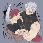 1boy arm_blade bare_shoulders chipp_zanuff grey_background grey_hair guilty_gear guilty_gear_strive hand_gesture highres looking_at_viewer luci_omi_gusu male_focus muscular muscular_male red_eyes shirt simple_background sleeveless sleeveless_shirt weapon 