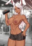  2023 animal_humanoid athletic athletic_female bottle bottomwear breasts brown_body brown_skin clothed clothing container female gym hair humanoid lagomorph lagomorph_humanoid leporid_humanoid looking_at_viewer mammal mammal_humanoid miruko my_hero_academia nipples rabbit_humanoid red_eyes redjet00 shorts solo topless water_bottle white_hair 