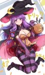  1girl bow breasts candy cape cleavage crescent crescent_hat_ornament elbow_gloves food gloves hair_bow halloween halloween_bucket halloween_costume hat hat_ornament highres jack-o&#039;-lantern long_hair looking_at_viewer namiki_(remiter00) pantyhose patchouli_knowledge pumpkin purple_eyes purple_hair solo striped striped_pantyhose touhou witch_hat 