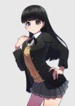 1girl absurdres amagami arched_back ayatsuji_tsukasa black_bow black_bowtie black_hair black_jacket blunt_bangs blunt_ends bow bowtie brown_sweater_vest buttons closed_mouth collared_shirt contrapposto cowboy_shot grey_background grey_eyes grey_skirt hand_on_own_hip hand_up highres jacket light_blush long_hair long_sleeves looking_at_viewer miniskirt open_clothes open_jacket pleated_skirt shirt shooot108 simple_background skirt solo standing straight_hair sweater_vest v-shaped_eyebrows white_shirt 