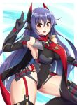  1girl :d android armpits black_gloves black_leotard black_thighhighs breasts canadiananiguy cowboy_shot elbow_gloves garter_straps gloves hair_between_eyes highres large_breasts leotard long_hair orange_eyes poppi_(xenoblade) poppi_qtpi_(xenoblade) purple_hair robot_ears smile solo thighhighs very_long_hair xenoblade_chronicles_(series) xenoblade_chronicles_2 