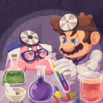  1boy beaker blue-framed_eyewear blue_eyes brown_hair coat doctor doctor_kirby dr._mario dr._mario_(game) facial_hair flask glasses gloves head_mirror highres kirby kirby_(series) lab_coat long_sleeves mario mario_(series) miclot mustache necktie pill red_necktie round-bottom_flask vial white_coat white_gloves 