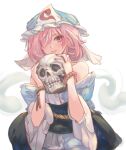  1girl bare_shoulders bead_bracelet beads blue_dress blue_sash bracelet commentary dress hair_over_one_eye hands_up hat holding holding_skull jewelry kaizeru looking_at_viewer mob_cap obi off_shoulder pink_eyes pink_hair saigyouji_yuyuko sash short_hair skull solo touhou triangular_headpiece upper_body veil 