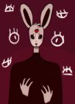  2018 3_eyes 4_fingers anthro biped black_sclera blood blood_drip blood_on_face bodily_fluids circle_eyebrows clothed clothing eyebrows eyes_everywhere female fingers frown fur head_tuft hi_res lagomorph leporid long_ears mammal multi_eye nepurrrrta pupils rabbit red_eyes ruby_(rq) ruby_quest shirt solo topwear tuft white_body white_fur white_pupils 