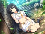  1girl ankle_socks ascot belt belt_pouch black_hair black_socks blue_eyes blush breasts brick_wall brown_belt bush damaged defeat falling_leaves forest gloves grass ikaruga_(senran_kagura) large_breasts leaf long_hair looking_at_viewer midriff nature navel official_art open_mouth pouch rock school_uniform senran_kagura senran_kagura_new_link senran_kagura_shoujo-tachi_no_shin&#039;ei serafuku shirt shuriken sitting skirt socks solo stairs stone_stairs torn torn_clothes torn_shirt torn_skirt torn_sleeves tree very_long_hair wariza weapon white_serafuku yaegashi_nan yellow_ascot 