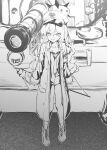  1girl absurdres armband blue_archive boots breasts cleavage collarbone collared_shirt full_body greyscale hair_between_eyes halo hat highres iroha_(blue_archive) jacket long_hair long_sleeves looking_at_viewer military_hat military_jacket military_vehicle monochrome motor_vehicle necktie no_pants parted_lips peaked_cap shirt sign solo soy_chicken tank tiger_i unbuttoned unbuttoned_jacket very_long_hair wavy_hair 