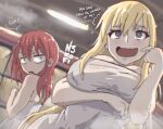  2girls artist_name bath blonde_hair blue_eyes breasts clothes_removed darkness_(konosuba) english_text highres kobayashi-san_chi_no_maidragon kobayashi_(maidragon) kono_subarashii_sekai_ni_shukufuku_wo! large_breasts long_hair multiple_girls n3k open_mouth red_eyes red_hair small_breasts steam towel white_towel 