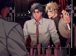  2boys bathroom black_nails blonde_hair blood blood_on_hands blue_eyes blue_hair bracelet dio_brando english_text evil_smile hako_iix07 indoors jacket jewelry jojo_no_kimyou_na_bouken jonathan_joestar long_hair long_sleeves looking_at_another looking_at_mirror looking_at_self male_focus mirror multiple_boys necktie parted_lips phantom_blood red_necktie reflection shampoo_bottle shirt short_hair smile stardust_crusaders sweatdrop toothbrush toothpaste white_shirt yaoi yellow_eyes yellow_jacket 