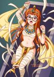  1girl armlet bandages black-framed_eyewear blunt_bangs bracelet breasts brown_eyes burbur commentary cosplay diadem dialogue_box egyptian_clothes english_commentary flying_sweatdrops glasses highres jewelry long_hair looking_at_viewer mummy navel open_mouth orange_hair paid_reward_available pelvic_curtain persona persona_5 restrained sakura_futaba shadow_futaba shadow_futaba_(cosplay) small_breasts solo stomach usekh_collar 
