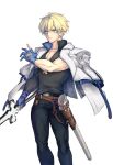  1boy blonde_hair blue_eyes blue_gloves ebi_pri_shrimp fingerless_gloves gloves guilty_gear guilty_gear_strive hair_between_eyes holding holding_sword holding_weapon jacket jacket_on_shoulders ky_kiske long_sleeves looking_at_viewer male_focus partially_fingerless_gloves pectoral_cleavage pectorals short_hair simple_background sword thunderseal weapon white_jacket 