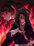  2boys absurdres black_hair colored_sclera demon drawing_sword extra_eyes fire hanafuda_earrings highres holding holding_sword holding_weapon japanese_clothes katana kimetsu_no_yaiba kimono kokushibou long_hair looking_at_viewer multicolored_hair multiple_boys purple_kimono red_hair red_sclera scabbard sheath sword tsugikuni_michikatsu tsugikuni_yoriichi two-tone_hair upper_body weapon yellow_eyes yesman 