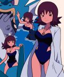  1girl :d blue_one-piece_swimsuit closed_mouth cloyster coat collarbone flipped_hair gyarados hand_up holding jewelry long_hair multiple_views necklace one-piece_swimsuit open_clothes open_coat open_mouth outline partially_submerged philena_ivy pokemon pokemon_(anime) pokemon_(classic_anime) pokemon_(creature) poliwhirl purple_hair riding riding_pokemon sitting smile swimsuit tyako_089 water 