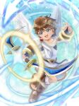  1boy ahoge angel angel_wings armlet blue_eyes bow_(weapon) brown_hair commentary_request full_body highres holding holding_bow_(weapon) holding_weapon kid_icarus kid_icarus_uprising laurel_crown male_focus open_mouth pit_(kid_icarus) smile solo sparkle suruga_kanade twitter_username weapon wings 