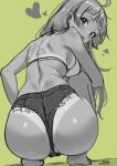  1girl :o ass ass_focus blush breasts c_(theta) furrowed_brow green_background heart highres idolmaster idolmaster_million_live! looking_at_viewer looking_back medium_breasts micro_shorts monochrome shimabara_elena shorts simple_background sketch solo squatting tan tanlines 