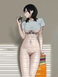  1girl absurdres black_hair blue_shirt bottomless breasts chest_tattoo food highres hiramedousa holding holding_food looking_to_the_side medium_breasts navel onigiri parted_lips real_life shirt short_hair short_sleeves solo standing t-shirt tattoo thighs underboob yuna_tamago 