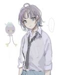  ... 1girl :| arms_at_sides asakura_toru black_necktie blue_hair bright_pupils choppy_bangs closed_mouth commentary_request crossover dress_shirt drifloon expressionless grey_eyes grey_hair highres idolmaster idolmaster_shiny_colors iemi looking_at_viewer loose_necktie messy_hair multicolored_hair necktie pokemon pokemon_(creature) popped_collar shirt short_hair simple_background solo spoken_ellipsis two-tone_hair upper_body white_background white_pupils 