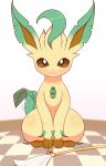  alacarte bell checkered_floor highres jingle_bell leafeon looking_at_viewer no_humans pokemon pokemon_(creature) simple_background sitting white_background 