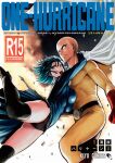  1boy 1girl artist_name bald black_thighhighs bodysuit cape copyright_name dress explosion fubuki_(one-punch_man) gloves green_eyes hug kiyosumi_hurricane muscular one-punch_man red_gloves saitama_(one-punch_man) superhero thighhighs torn_clothes torn_dress white_cape yellow_bodysuit 