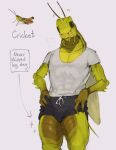  2023 abs absurd_res anthro arthropod biped bottomwear bulge clothed clothing cricket digital_media_(artwork) english_text eyebrows fully_clothed green_body half-closed_eyes hi_res insect kogito male muscular muscular_anthro muscular_male muscular_thighs narrowed_eyes orthopterid pecs quads shirt shorts solo standing text thick_thighs topwear wings 