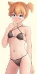  1girl alternate_costume bikini blue_eyes breasts collarbone commentary_request covered_nipples cowboy_shot finger_in_own_mouth hand_up hiyoshipow looking_at_viewer misty_(pokemon) navel one_side_up orange_hair parted_lips pokemon short_hair solo swimsuit 