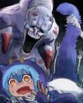  1girl blue_hair crying crying_with_eyes_open dead_hand dragon_tail duel_monster hair_between_eyes hatano_kiyoshi highres holding_another&#039;s_tail laundry_dragonmaid monster open_mouth reaching reaching_towards_viewer sweatdrop tail tears the_legend_of_zelda the_legend_of_zelda:_majora&#039;s_mask wide-eyed yu-gi-oh! 