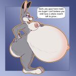  2023 anthro areola big_breasts big_butt brasslion breasts buckteeth butt disney english_text female fur grey_body grey_fur hi_res huge_belly judy_hopps lagomorph leporid mammal navel nipples nude open_mouth outie_navel pink_eyes pregnant rabbit solo speech_bubble teeth text thick_thighs zootopia 