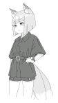  1girl animal_ear_fluff animal_ears collared_shirt cropped_legs dress_shirt fox_ears fox_girl fox_tail greyscale hand_on_own_hip highres kitsune kuro_kosyou monochrome original parted_lips shirt short_hair short_shorts short_sleeves shorts simple_background solo tail white_background wide_sleeves 