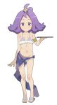  1girl :3 absurdres acerola_(pokemon) adapted_costume armlet bikini blush closed_mouth commentary commission flip-flops flipped_hair frills full_body grey_eyes hair_ornament hairclip hand_up highres holding holding_tray knees medium_hair navel pokemon pokemon_(game) pokemon_sm purple_hair s10021 sandals sarong smile solo standing stitches swimsuit topknot tray 