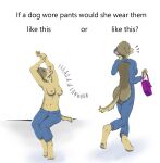  2023 anthro areola arms_above arms_above_head barefoot beagle bottomwear breasts butt canid canine canis cellphone clothed clothing countershade_face countershade_tail countershade_torso countershading denim denim_clothing digital_media_(artwork) digitigrade domestic_dog emanata english_text eyes_closed feet female fingers floppy_ears fur hi_res holding_cellphone holding_object holding_phone holding_purse hunting_dog jeans jeans_only legs_together mammal meme meme_clothing motion_lines multicolored_body navel nipples nonameqwerasd open_mouth pants pawpads phone purse rear_view scent_hound short_tail simple_background sitting smartphone smile solo stretching tail text toes topless topless_female walking walking_away whiskers yawn yawning_position 