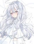  1girl :o angel angel_wings artist_name dress eyeshadow grey_eyes grey_hair hair_ornament hairclip highres long_hair looking_at_viewer low_twintails makeup original puffy_short_sleeves puffy_sleeves shadow short_sleeves solo solo_focus twintails upper_body white_dress wings yuni_0205 