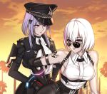  2girls agave alisa:_echo_(punishing:_gray_raven) alisa_(punishing:_gray_raven) alternate_costume armpit_crease arrest aviator_sunglasses bare_shoulders belt bent_over black_jacket black_necktie black_pants black_skirt breasts center-flap_bangs chain chest_harness chinese_commentary cloud collared_shirt commentary cropped_jacket cuffs grand_theft_auto grand_theft_auto_v hair_ornament harness hat highres insignia jacket joints leaning leaning_forward liv_(punishing:_gray_raven) looking_at_viewer lzypoipoi mechanical_arms medium_breasts multicolored_hair multiple_girls necktie official_alternate_costume orange_sky out_of_character outdoors pants parody pink_eyes pink_hair police police_hat police_uniform policewoman punishing:_gray_raven purple_eyes purple_hair radio_antenna ringed_eyes robot_joints shirt short_hair short_sleeved_jacket shoulder_boards shoulder_tattoo single_mechanical_arm skirt sky sleeveless sleeveless_shirt streaked_hair sunglasses sunset tattoo tree uniform upper_body walkie-talkie white_hair white_shirt 