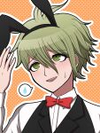  1boy :d amami_rantaro animal_ears black_vest bow bowtie collared_shirt danganronpa_(series) danganronpa_v3:_killing_harmony fake_animal_ears green_eyes highres male_focus orange_background portrait rabbit_ears red_bow red_bowtie shirt smile solo speech_bubble spoken_sweatdrop suiren_yurei sweatdrop teeth upper_teeth_only vest white_shirt 