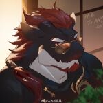  1boy bara dragon_(any) dragon_boy dragon_ears facial_hair furry furry_male goatee happy_birthday highres icelernd long_hair looking_at_viewer male_focus mature_male original portrait red_hair side_ponytail solo sunglasses thick_eyebrows 