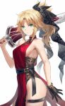  1girl bare_shoulders belt black_gloves blonde_hair braid breasts clarent_(fate) closed_mouth commentary_request dress fate/apocrypha fate_(series) french_braid gloves green_eyes hair_ribbon highres long_hair looking_at_viewer mordred_(fate) mordred_(fate/apocrypha) parted_bangs ponytail red_dress revision ribbon sideboob sidelocks small_breasts solo sword thigh_trap thighs tonee weapon 