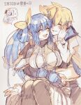  1_ssmk 1boy 1girl black_gloves blonde_hair blue_hair blush breasts closed_eyes couple dizzy_(guilty_gear) gloves guilty_gear guilty_gear_strive guilty_gear_xrd hair_between_eyes hair_ribbon hair_rings hand_on_another&#039;s_face heart hetero highres hug hug_from_behind husband_and_wife ky_kiske large_breasts long_hair necro_(guilty_gear) open_mouth partially_fingerless_gloves ribbon short_hair simple_background smile speech_bubble spoken_heart traditional_media undine_(guilty_gear) yellow_ribbon 